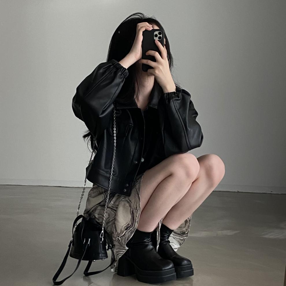 Chic Lapel Double Pocket Leather Top Leather Coat