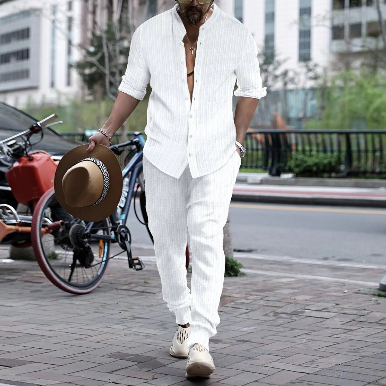 Men’s Striped Hengli Collar Shirt Trousers