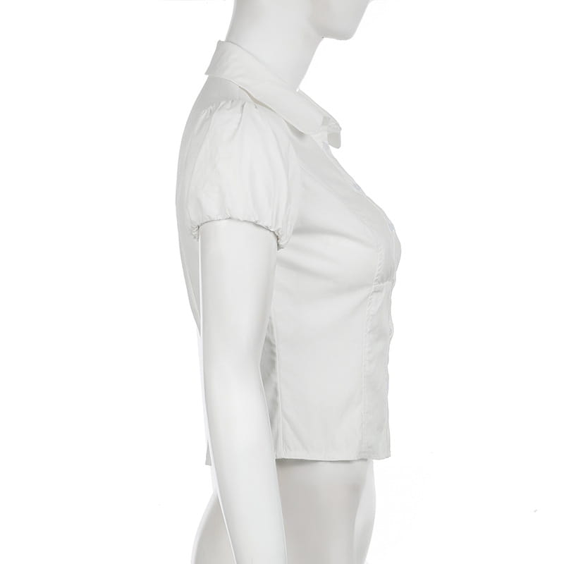 Solid Color Simple Waist Fitted Puff Sleeve Polo Shirt