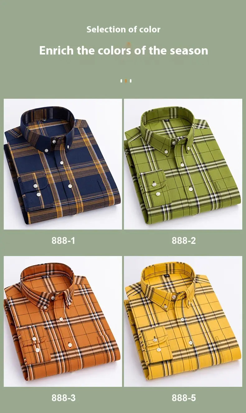 Men’s Xinjiang Cotton Plaid Buckle Collar Casual Cardigan Shirt