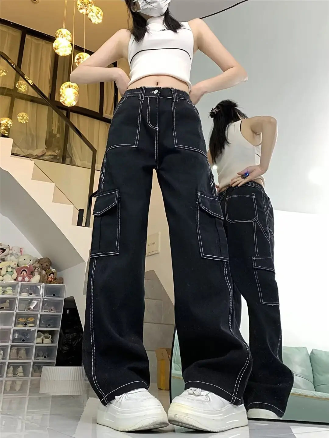 Jeans Women’s Straight Loose Spring Wide-leg Overalls