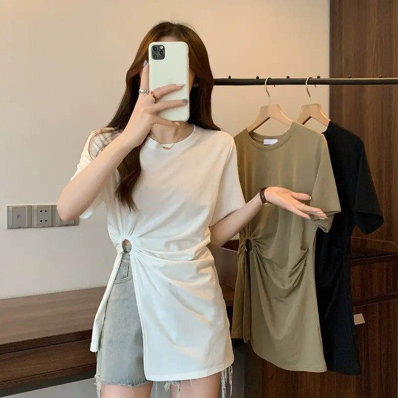 Cotton Irregular Split Short-sleeved T-shirt Women’s Summer