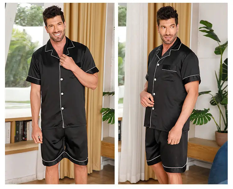Ice Silk Pajamas Men Solid Color Polo Collar Suit