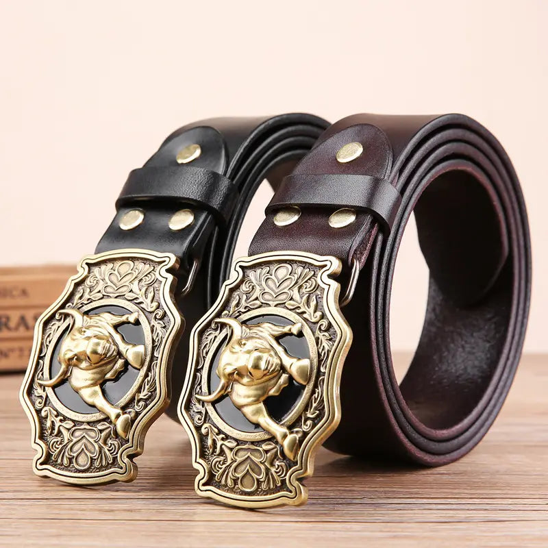 Cow Head Copper Buckle Belt Cowhide Smooth Buckle Belt