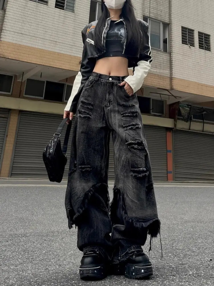 High Street Distressed Cargo Jeans Wide Leg Trousers
