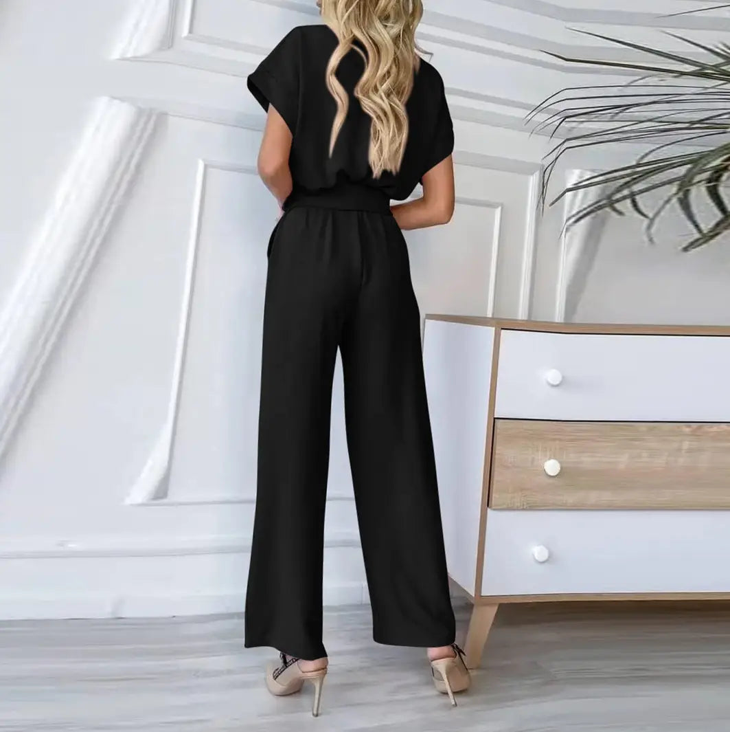 Women’s Short-sleeved V-neck Pocket Jumpsuit
