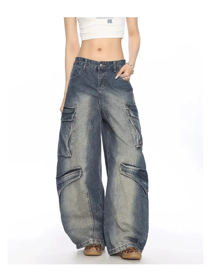 Washed Multi-pocket Denim Matchet Pants