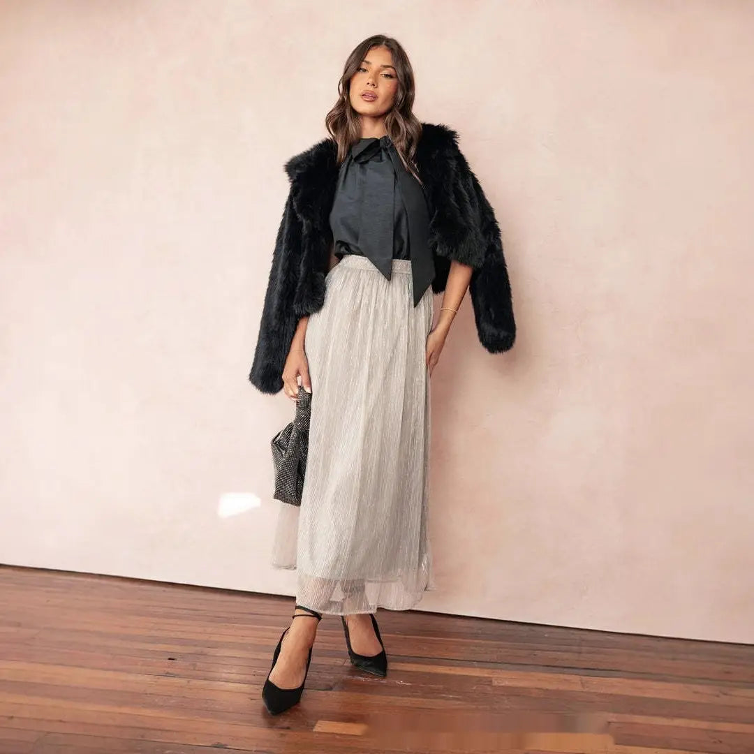 Solid Color Streamer Yarn Skirt Women’s Summer High Waist Slimming A- Line Bright Silk Skirt French Style