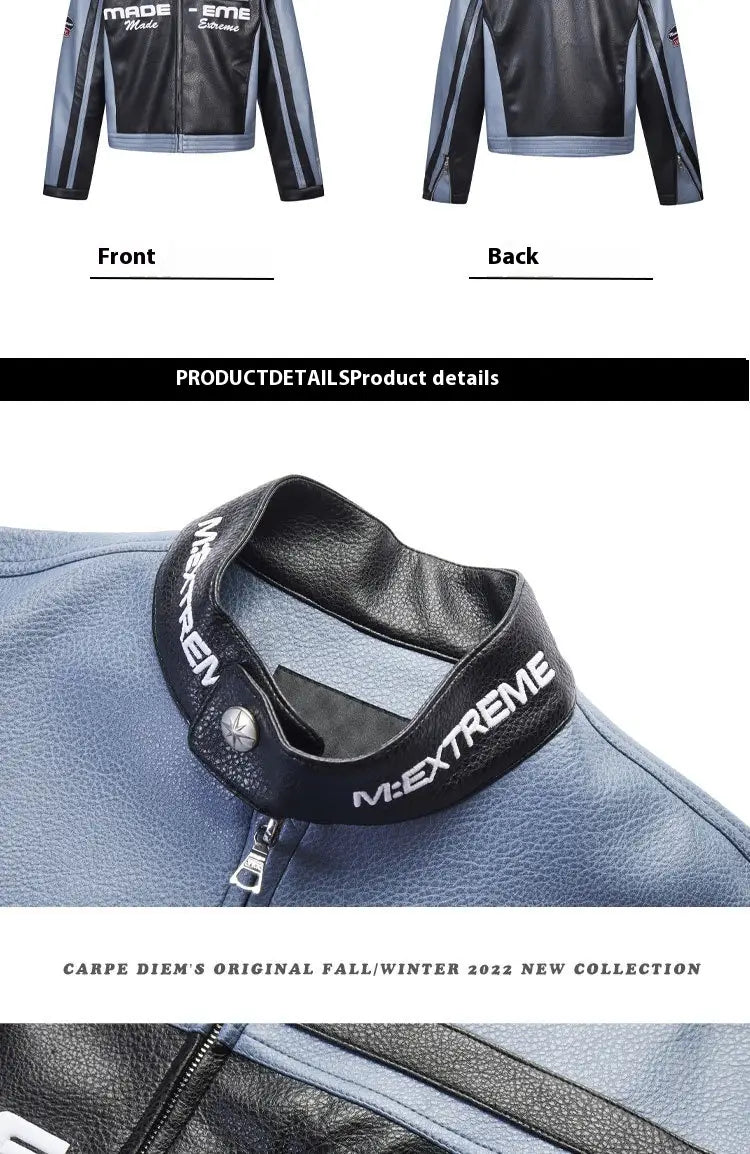 American-style Heavy Stitching Contrast Color PU Leather Motorcycle Clothing Coat Men And Women Fashion