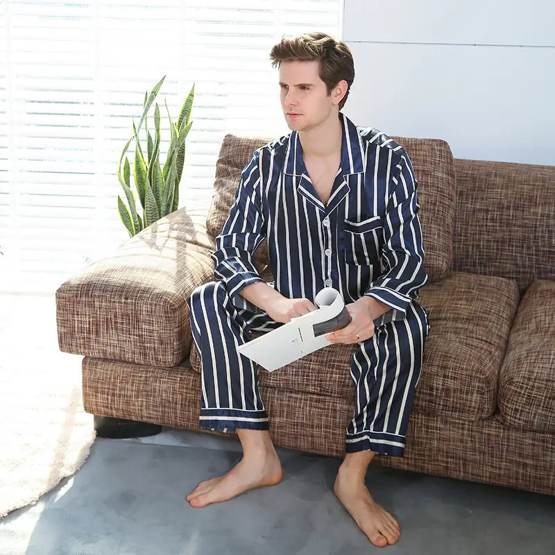 Fall men’s simulated silk stripe pajamas men