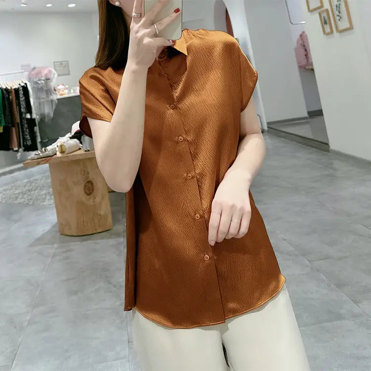 Pearl Satin Shirt Reverse Collar Single-breasted