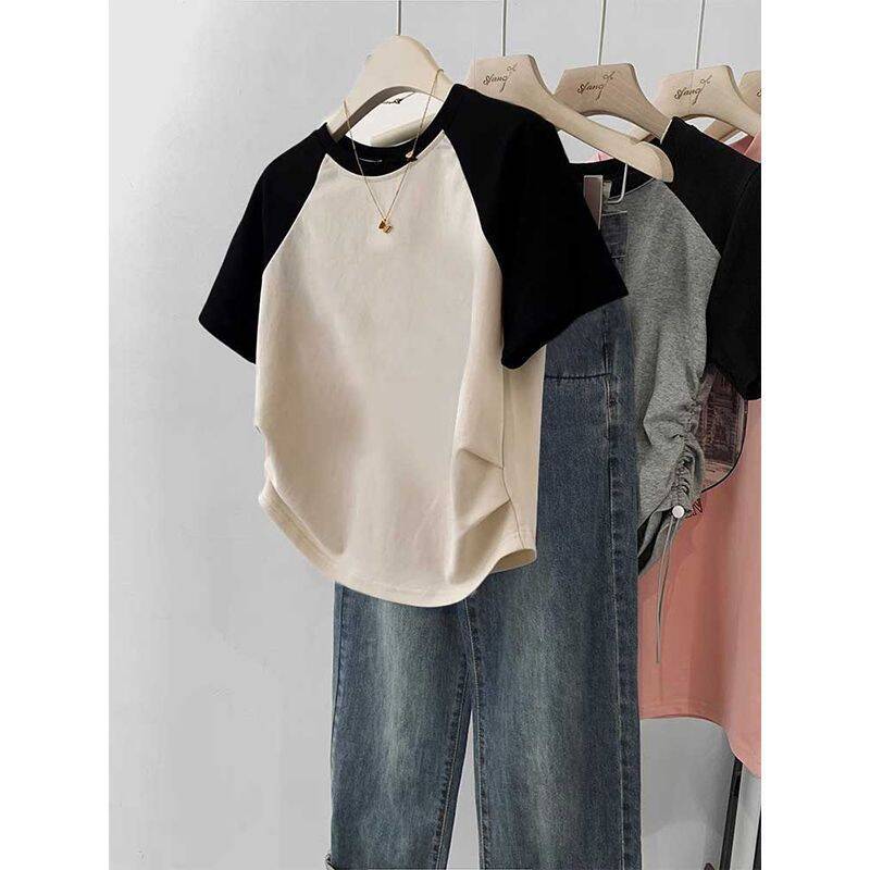Women’s Cotton Stretch Crew Neck Short Sleeve Stitching Top