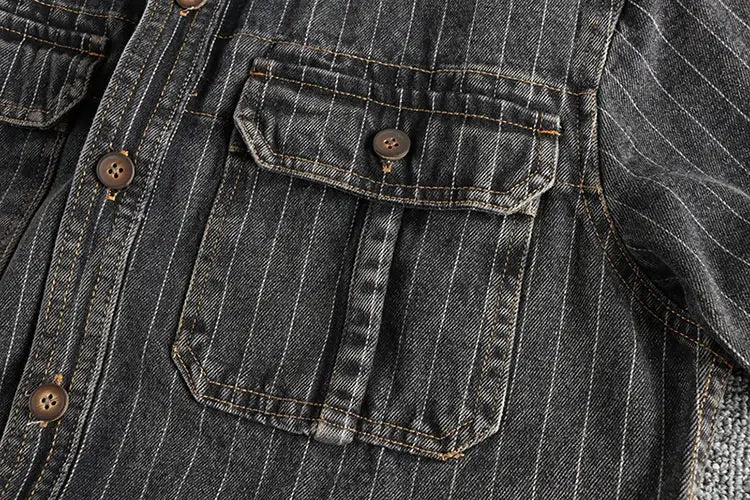 Men’s British Retro Black Gray Striped Denim Shirt