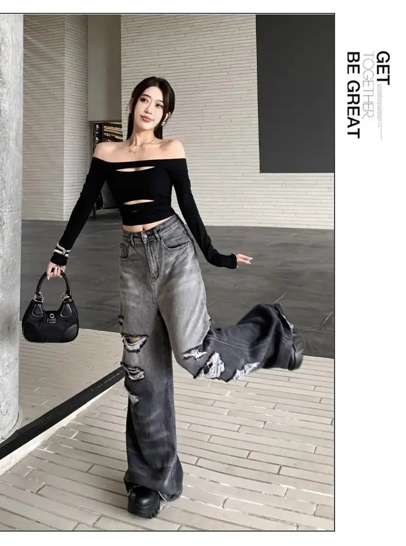 Gradient Color Big Ripped Hot Girl Wide Leg Jeans For Women