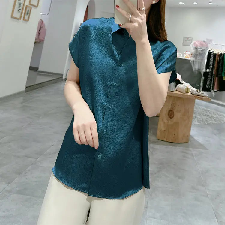 Pearl Satin Shirt Reverse Collar Single-breasted