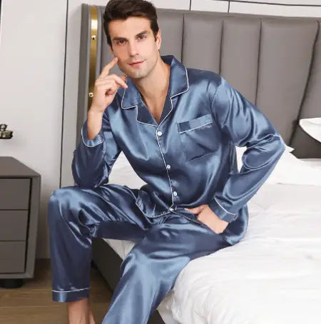 Ice Silk Men’s Long Sleeve Loose Plus Size Pajamas Suit
