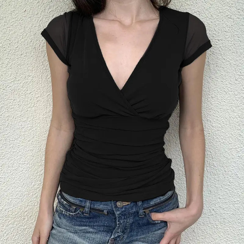 Deep V Design Small Pleated Pure Color Mesh Stitching Short Sleeve