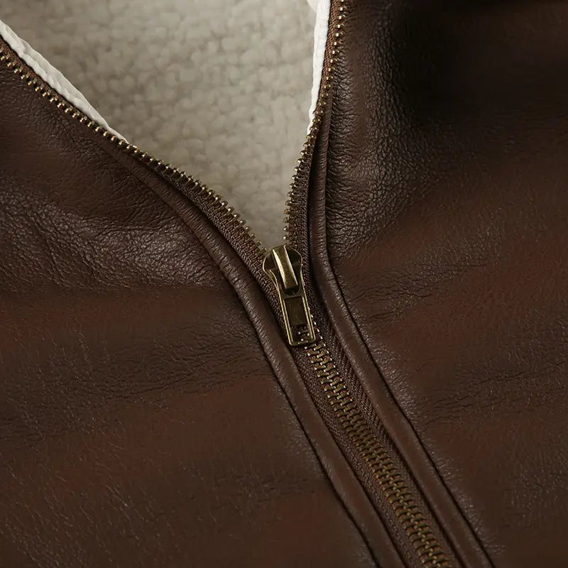 Solid Color Faux Leather Knitted Fur Lapel Zipper Basic Style Street Fashion