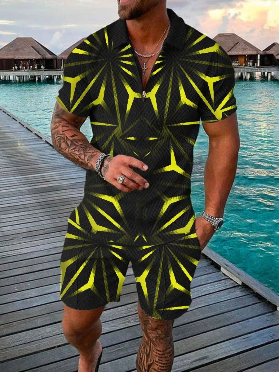 Men’s Summer Fashion 3D Printed Short Sleeve Geometric Zip Lapel Shirt Set