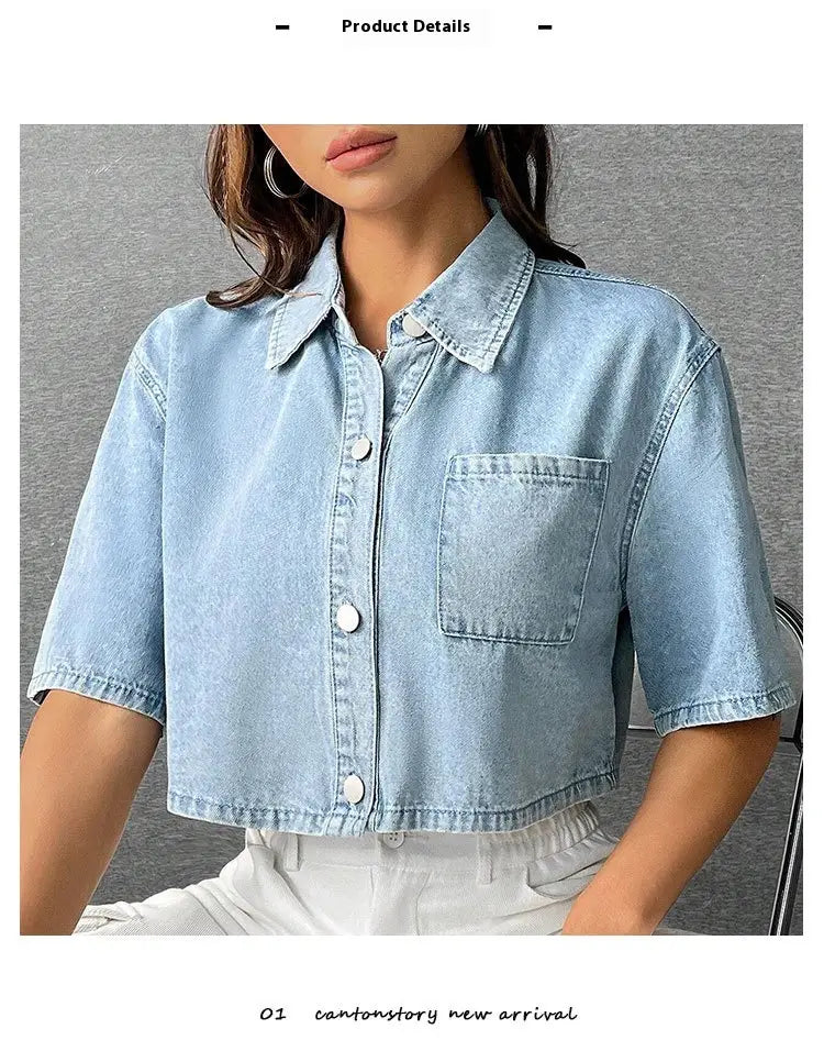 Fashion Thin Denim Small Waistcoat Short Sleeve Shirt