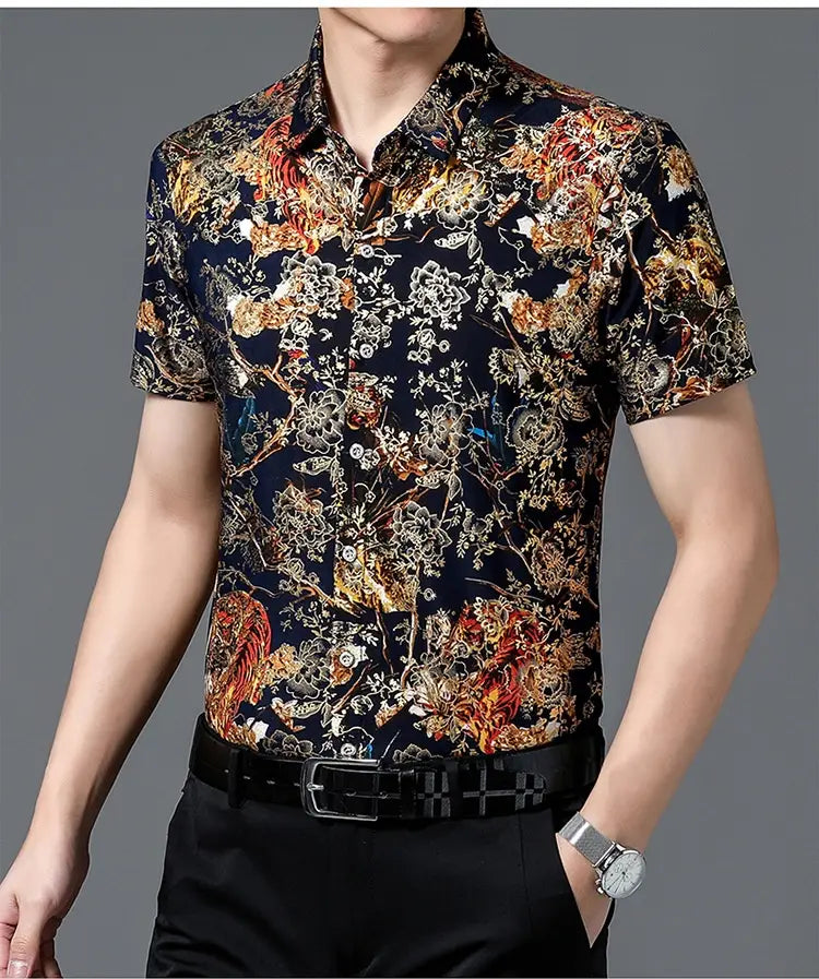 Summer Men’s Middle-aged Printed Shirt Short Sleeve Stretch Ice Silk Leisure