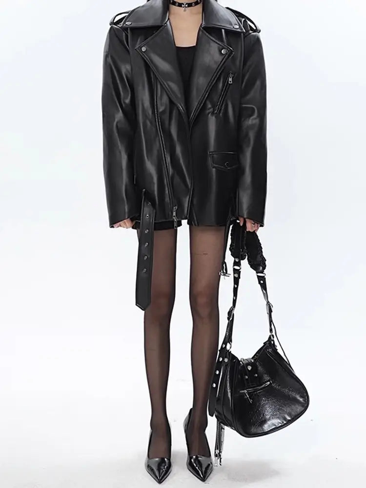 Leather Coat Women’s Loose Motorcycle Jacket