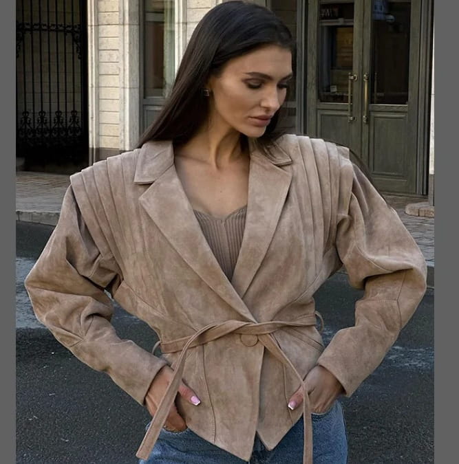 Waist Trimming Lace Up Suede Fabric Jacket