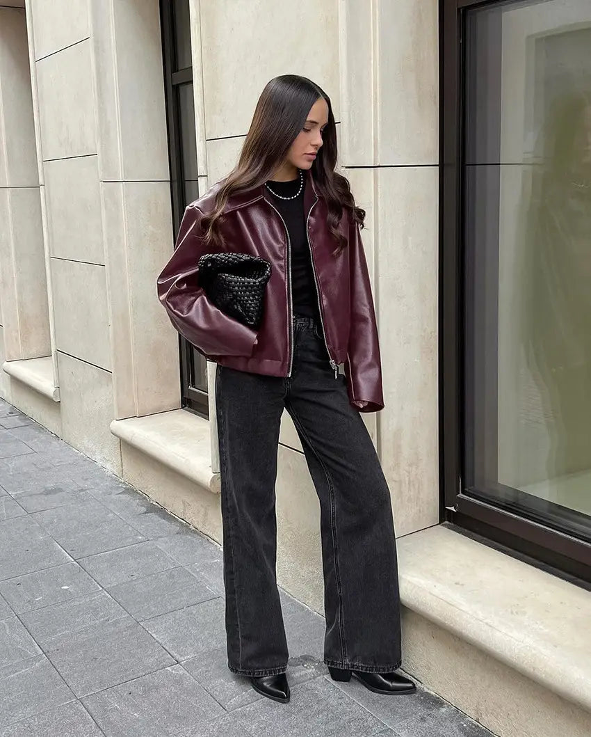 Retro Biker’s Style Wine Red European And American Handsome Matte Leather Jacket Coat