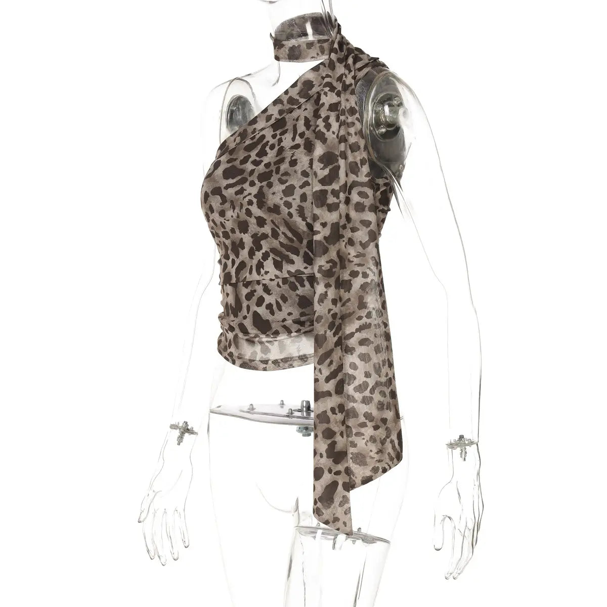 Leopard Print Crossbody Sleeveless Ribbon Short Tight Vest