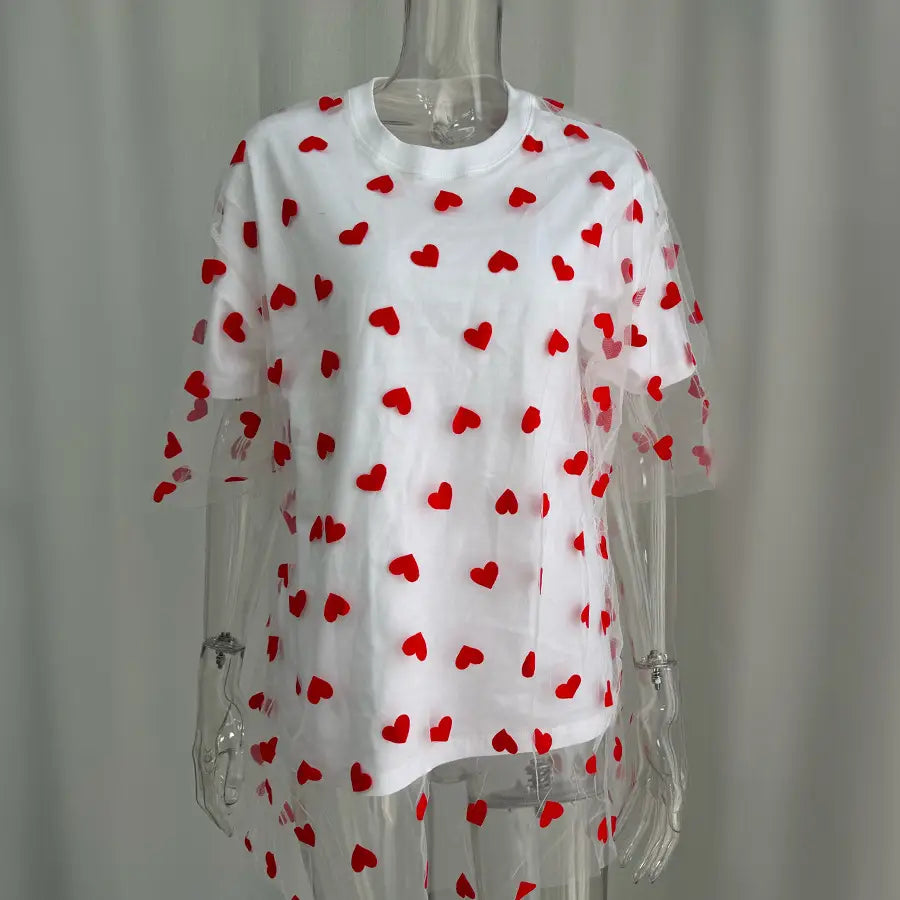 European And American Style Women’s Love Mesh Stitching Loose Basic Style Round Neck Short Sleeve T-shirt