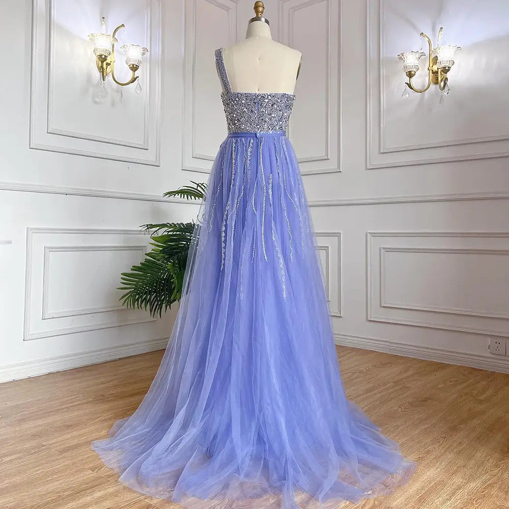 Blue Handmade Beaded Split Shoulder Fishtail Dress