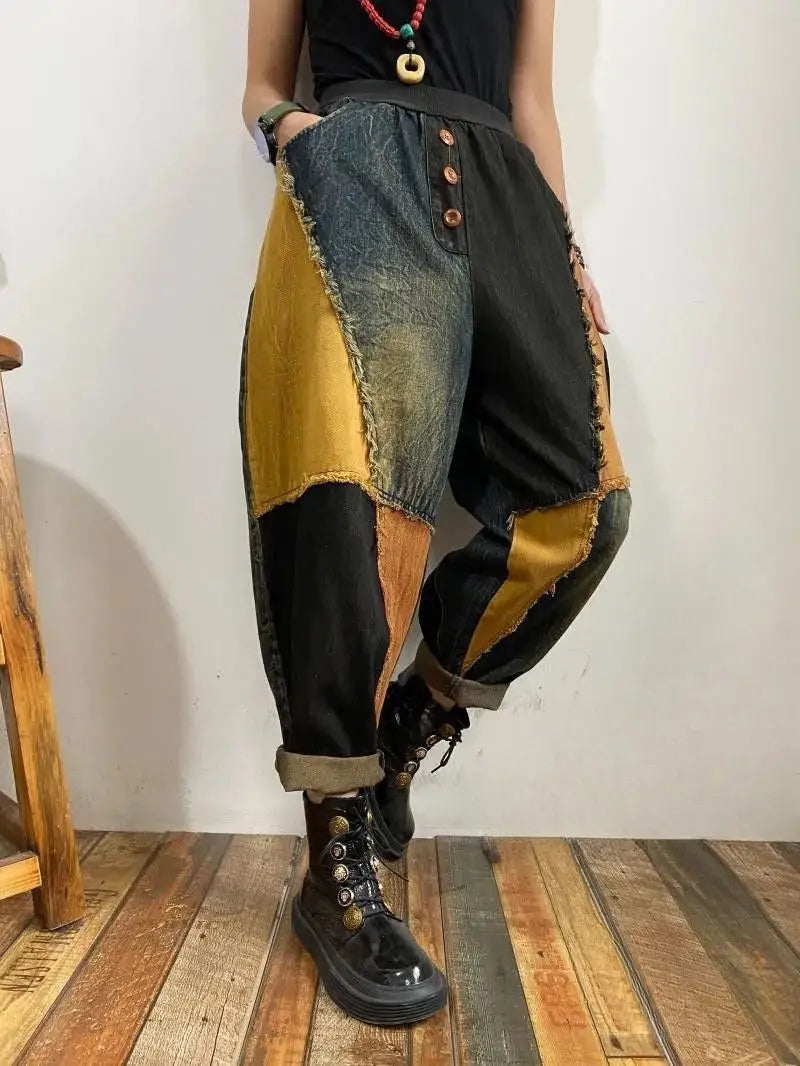 New Personalized Breasted Frayed Color Block Denim Harem Pants Loose Slimming Women
