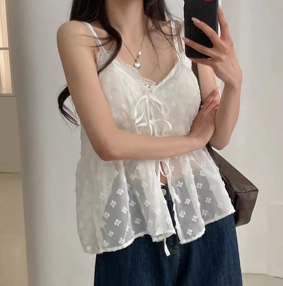 V-neck Lace-up Design Embroidery Jacquard All-match Bandage Dress Sling