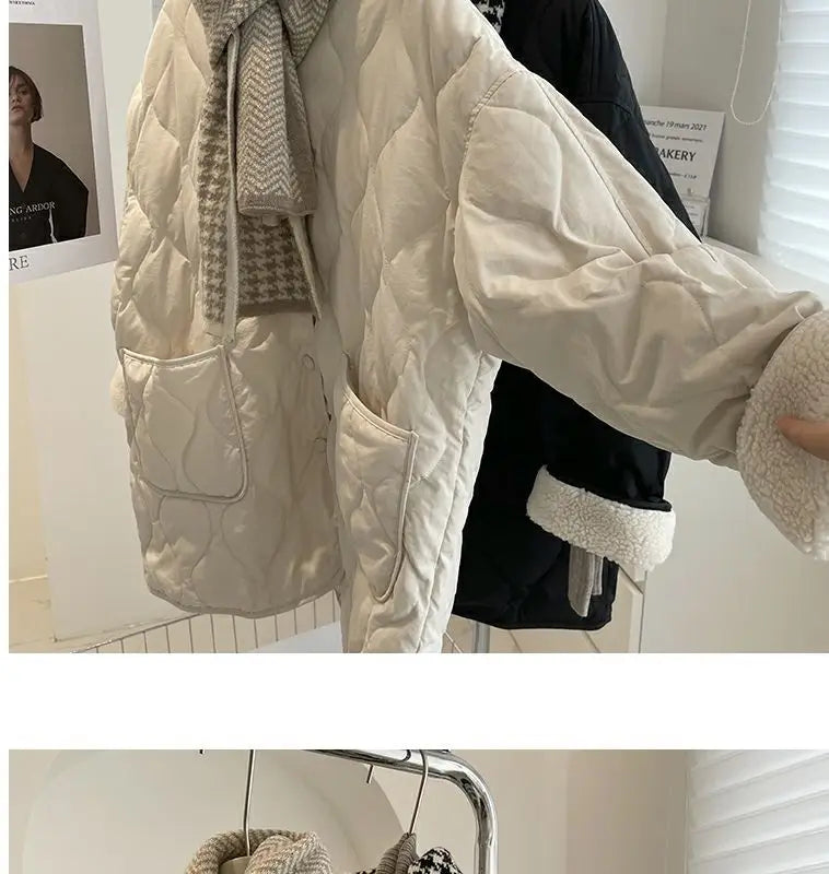 Winter Stitching Diamond Lattice Cotton-padded For Women Baggy Coat