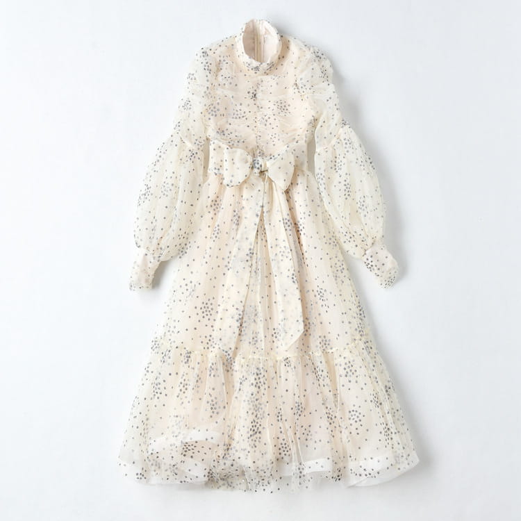 Women’s Mesh Star Shiny Silk Print Waist Wrapping Slim Dress