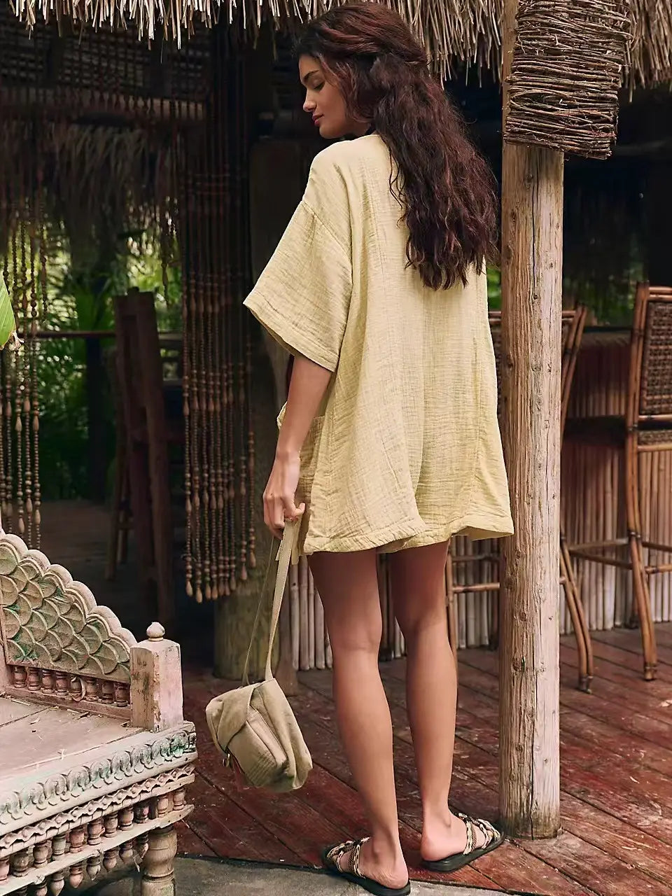 New Slub Cotton Ruffled V-neck Pocket Beach Sun Protection Blouse For Women