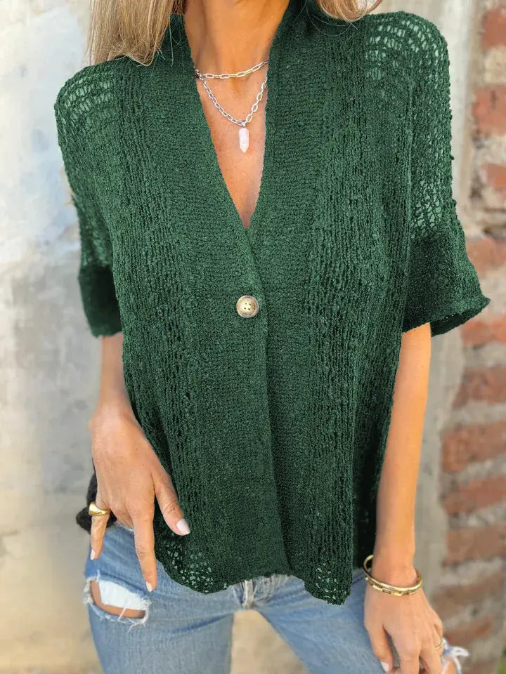 One Button Half Sleeve Hollow Out Knitted Cardigan Top