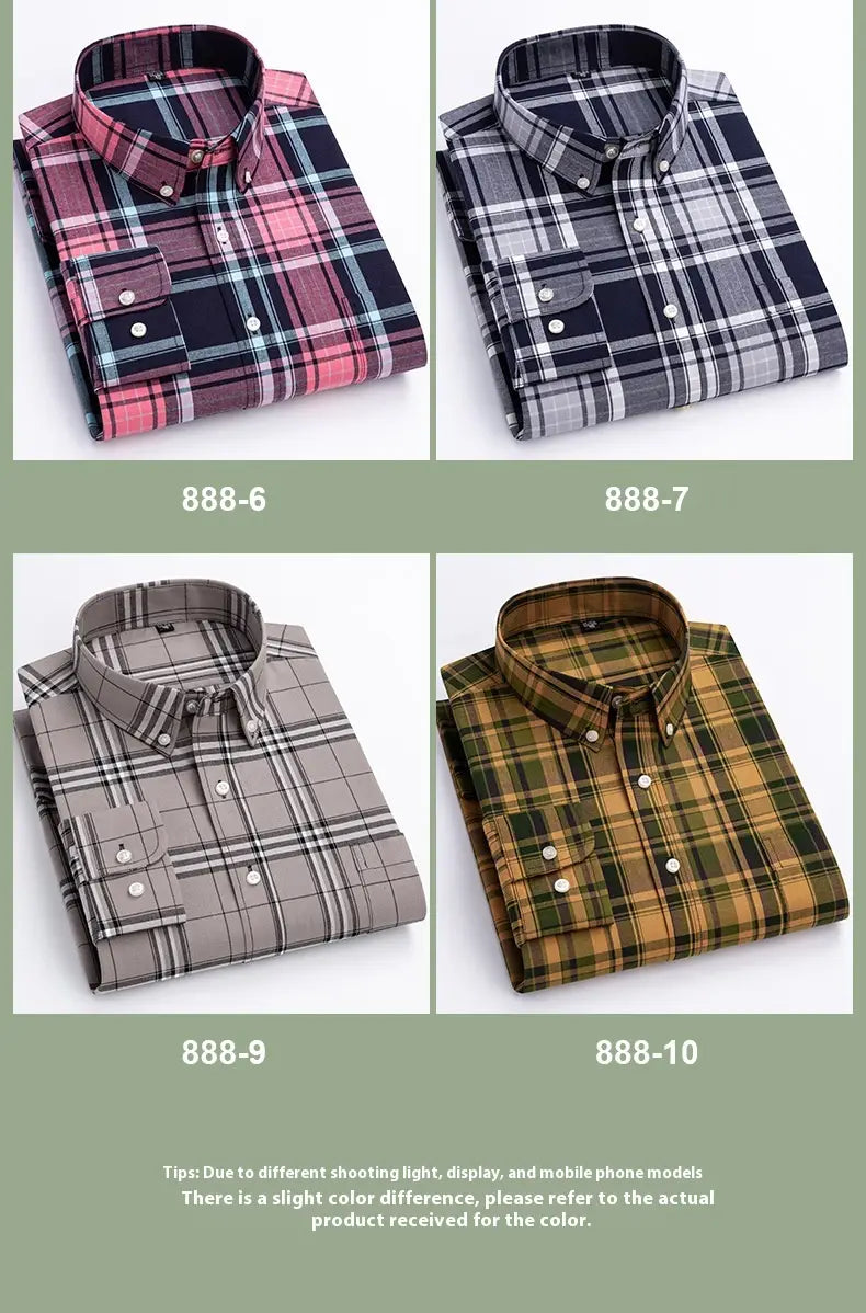 Men’s Xinjiang Cotton Plaid Buckle Collar Casual Cardigan Shirt