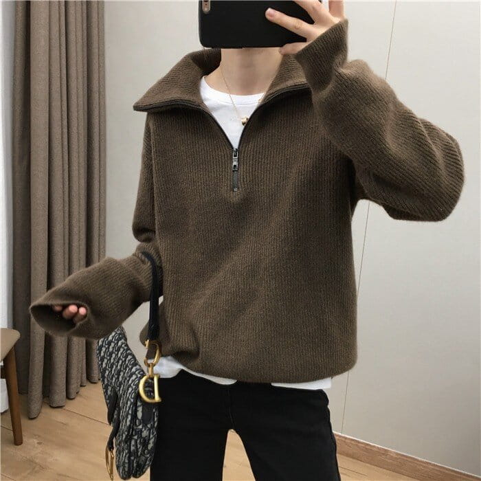 Elegant Large Lapel Zipper Pullover Sweater For Women