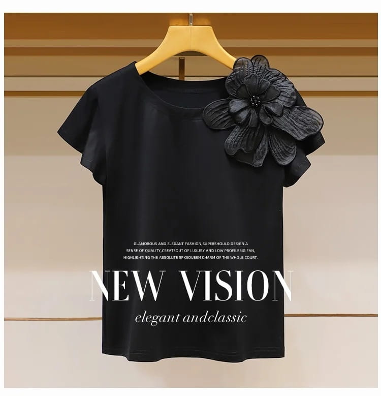 Round Neck Three-dimensional Flower Decoration Fashion Ruffle Sleeve Loose Slim Top