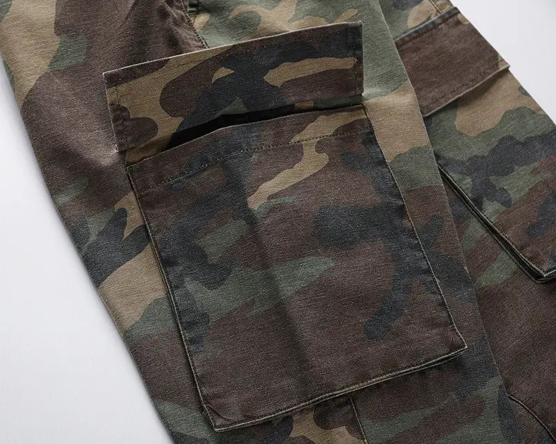 Washed And Distressed Camouflage Stitching Multi-pocket Tooling Micro Trousers