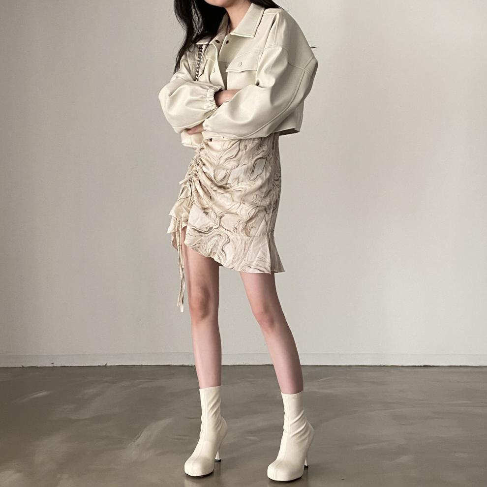 Chic Lapel Double Pocket Leather Top Leather Coat