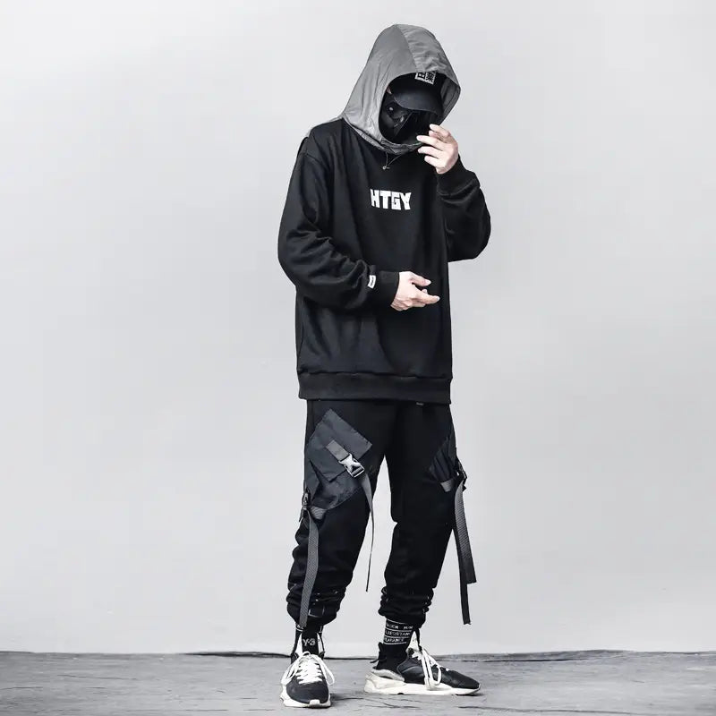 Men’s Loose Black Overalls Hip-hop Pocket Pants