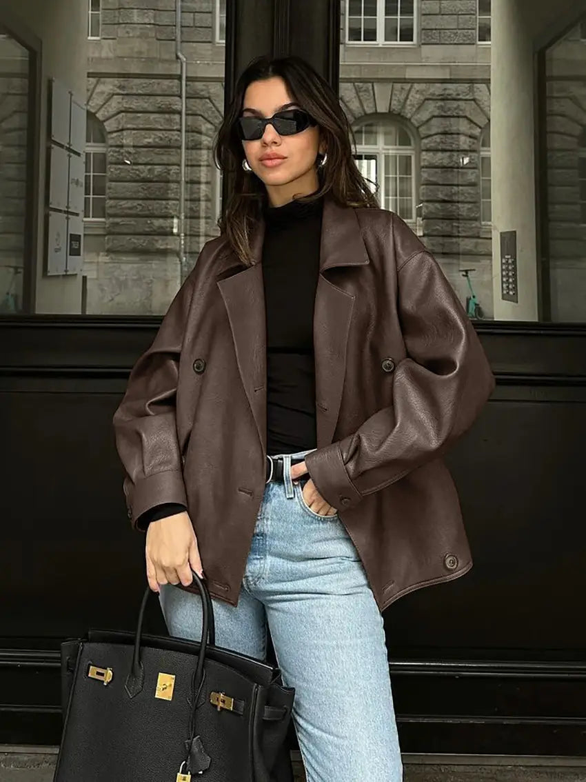 Women’s Elegant Suit Collar Loose Leather Coat