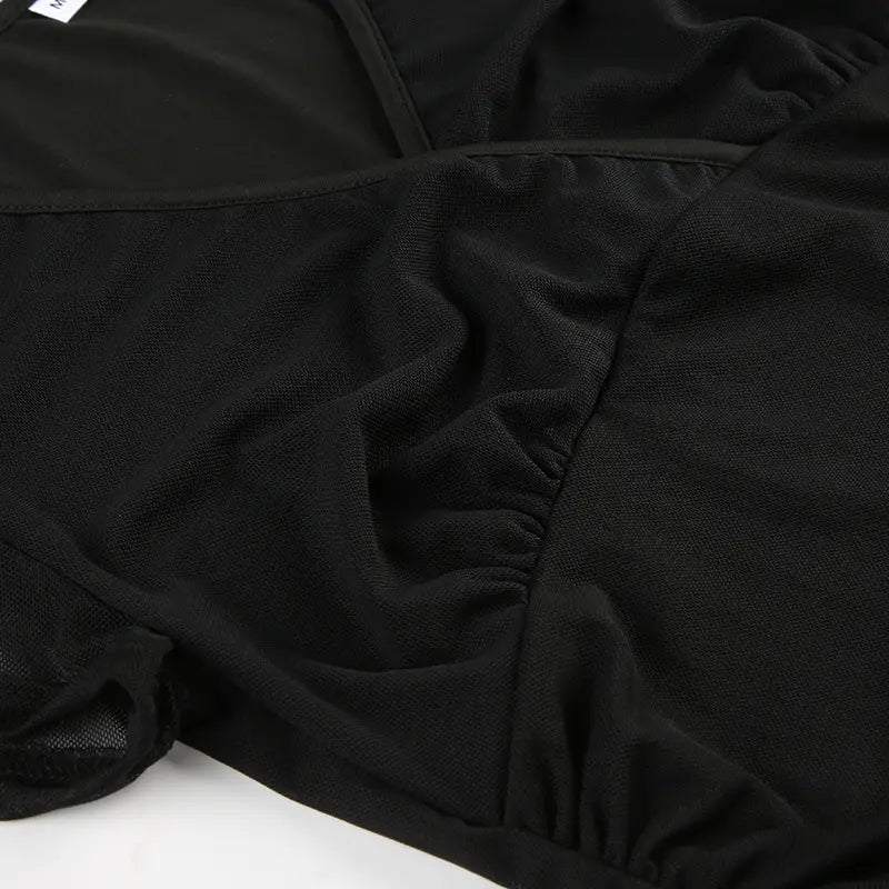 Deep V Design Small Pleated Pure Color Mesh Stitching Short Sleeve
