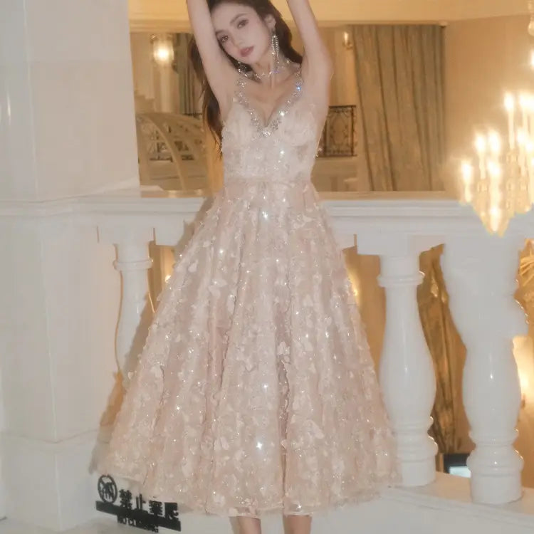 Women’s Crystal Suspender Birthday Engagement Cocktail Dress