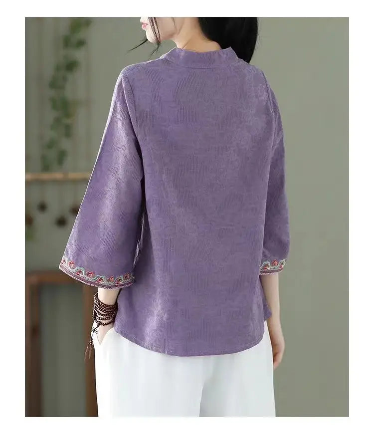 Artistic Cotton Linen Jacquard Embroidered Bell Sleeve Shirt