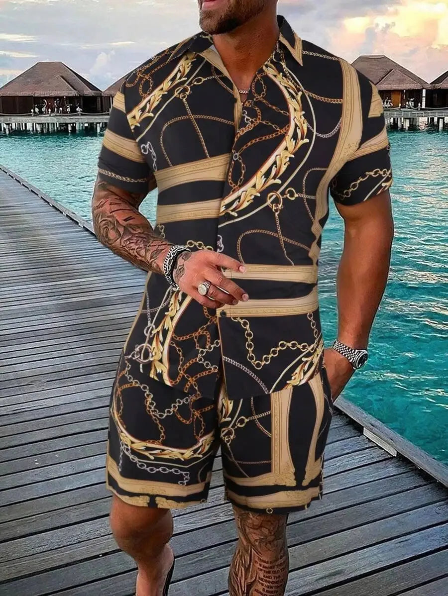 Gold Luxury Chain 3D Digital Printing Shirt Shorts Suit