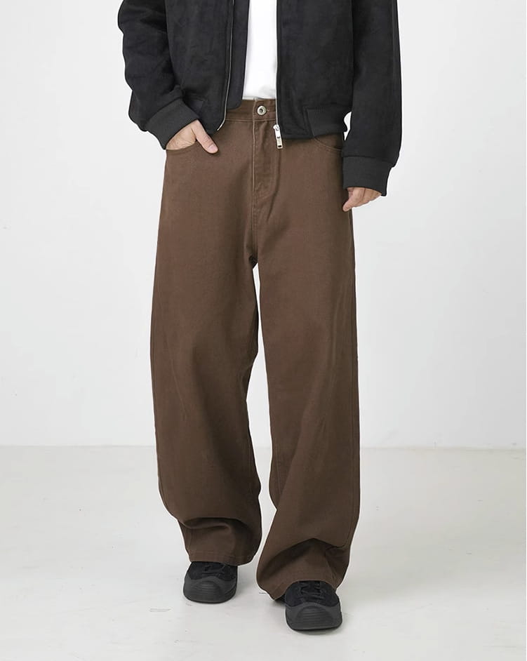 Washed Cotton Retro Brown Straight-leg Trousers