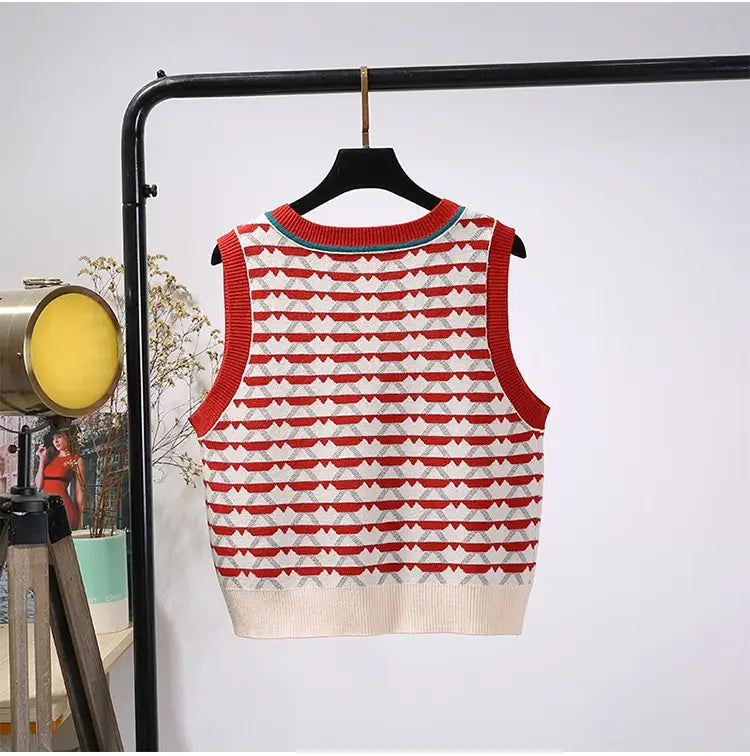 Retro Contrast Color Jacquard Ins Knitted Vest For Women